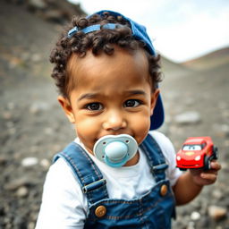 A playful young boy with curly short black hair, brown eyes, wearing a blue overall, white shirt, and a light blue pacifier