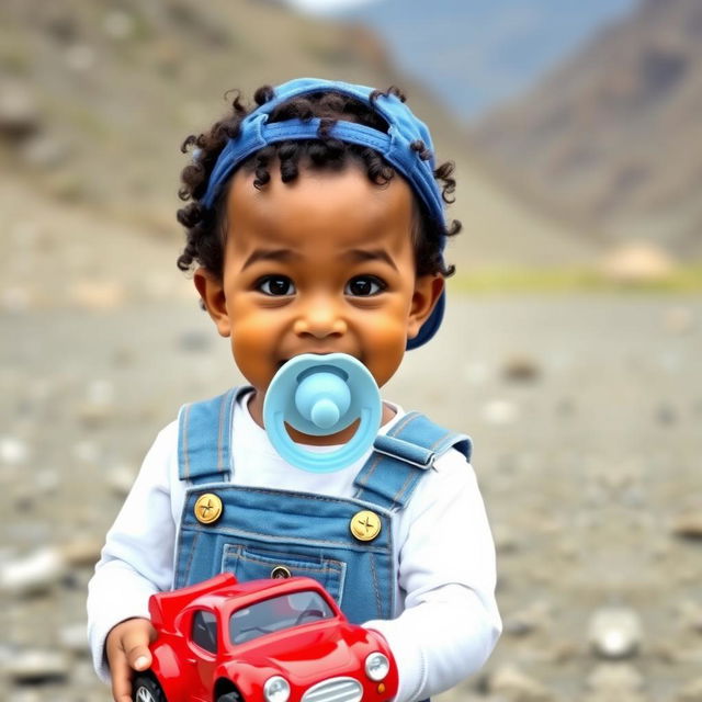 A playful young boy with curly short black hair, brown eyes, wearing a blue overall, white shirt, and a light blue pacifier