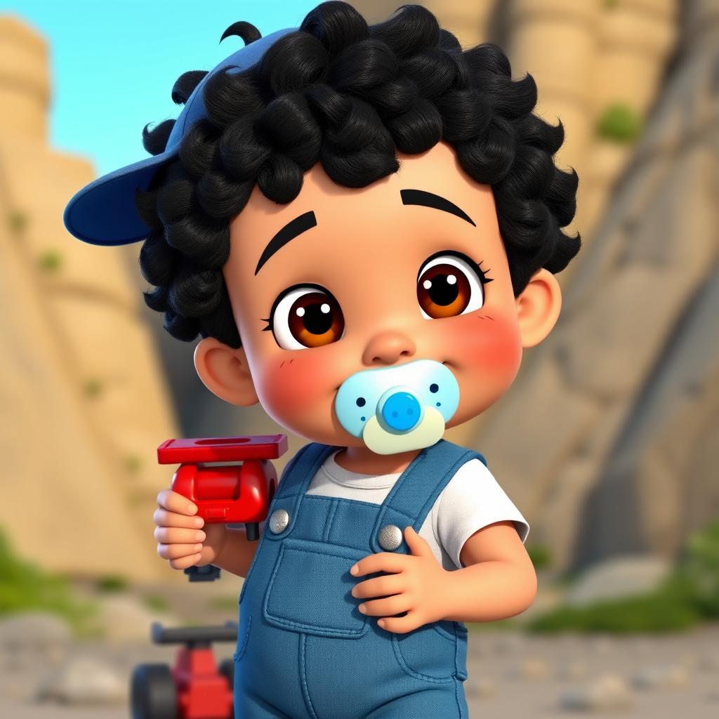 An animated cartoon character of a playful young boy with curly short black hair, brown eyes, wearing a blue overall, white shirt, and a light blue pacifier