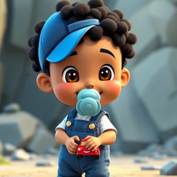 An animated cartoon character of a playful young boy with curly short black hair, brown eyes, wearing a blue overall, white shirt, and a light blue pacifier