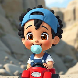 An animated cartoon character of a playful young boy with curly short black hair, brown eyes, wearing a blue overall, white shirt, and a light blue pacifier