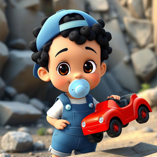 An animated cartoon character of a playful young boy with curly short black hair, brown eyes, wearing a blue overall, white shirt, and a light blue pacifier