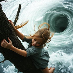 A young girl holding onto a tree with both hands, her hair and clothes blowing wildly in the wind, as a massive whirlpool swirls dangerously close by