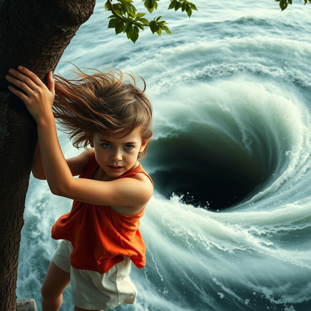 A young girl holding onto a tree with both hands, her hair and clothes blowing wildly in the wind, as a massive whirlpool swirls dangerously close by