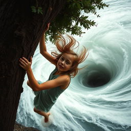 A young girl holding onto a tree with both hands, her hair and clothes blowing wildly in the wind, as a massive whirlpool swirls dangerously close by