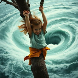 A young girl holding onto a tree with both hands, her hair and clothes blowing wildly in the wind, as a massive whirlpool swirls dangerously close by