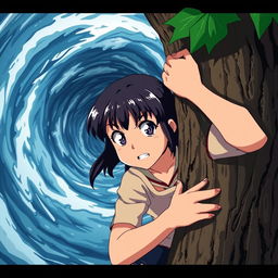 A young girl holding onto a tree with a determined expression as a massive whirlpool swirls behind her