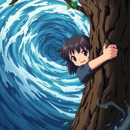 A young girl holding onto a tree with a determined expression as a massive whirlpool swirls behind her