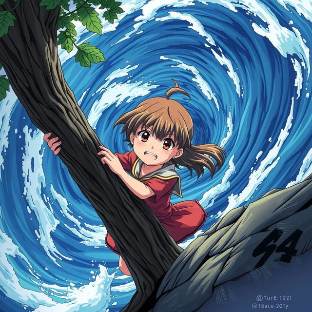 A young girl holding onto a tree with a determined expression as a massive whirlpool swirls behind her