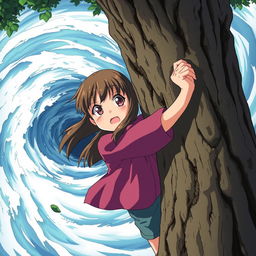 A young girl holding onto a tree with a determined expression as a massive whirlpool swirls behind her