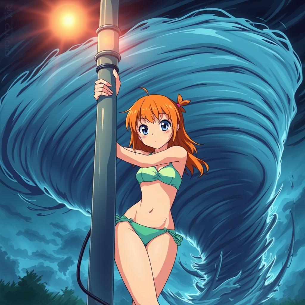 A cute girl in a bikini holding onto a light post with a determined expression as a massive tornado swirls behind her