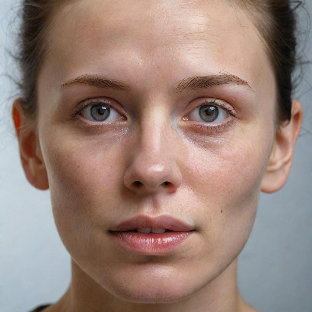 Produce a hyper-realistic portrait of a person with expressive facial features, emphasizing the subtle nuances of their skin tone, bone structure, and emotion in their eyes.