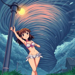 A cute girl in a bikini holding onto a light post with a determined expression as a massive tornado swirls behind her