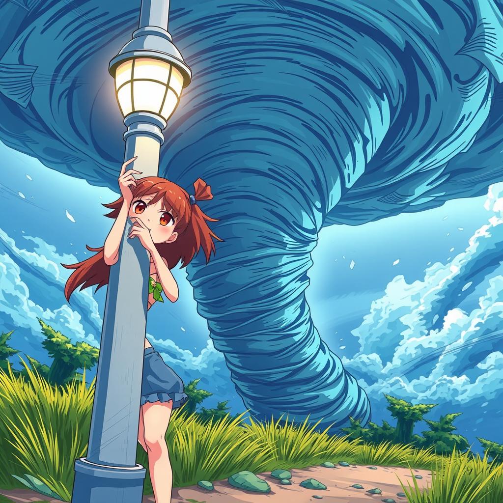 A cute girl in a bikini holding onto a light post with a determined expression as a massive tornado swirls behind her