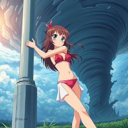 A cute girl in a bikini holding onto a light post with a determined expression as a massive tornado swirls behind her