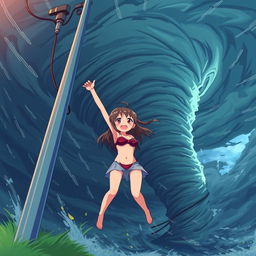 A cute girl in a bikini holding onto a light post with a desperate expression as she is being sucked away by a massive tornado