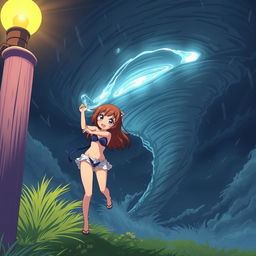 A cute girl in a bikini holding onto a light post with a desperate expression as she is being sucked away by a massive tornado