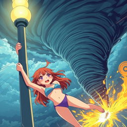 A cute girl in a bikini holding onto a light post with a desperate expression as she is being sucked away by a massive tornado