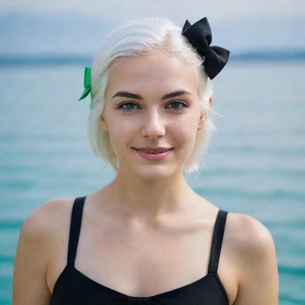 Photo of events of a girl 25 years, average build, with white hair in black swimsuit swimming without bow. Proportional long square facial features, dimples in the cheeks, bow lips, large black eyebrows, smooth green medium eyes, swarthy skin.