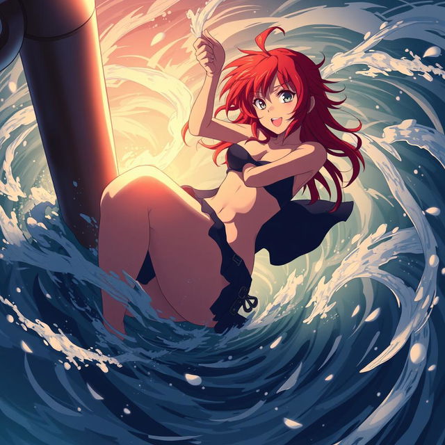 A dramatic anime scene featuring a hot and sexy girl being sucked away in a whirlpool, desperately holding onto a light post