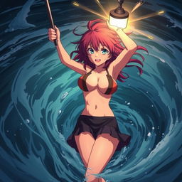 A dramatic anime scene featuring a hot and sexy girl being sucked away in a whirlpool, desperately holding onto a light post