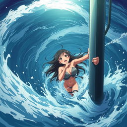 A dramatic anime scene featuring a hot and sexy girl being sucked away in a whirlpool, desperately holding onto a light post