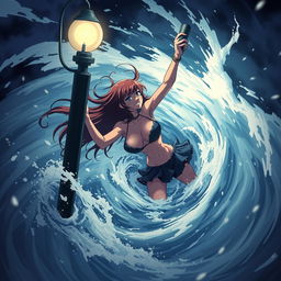 A dramatic anime scene featuring a hot and sexy girl being sucked away in a whirlpool, desperately holding onto a light post