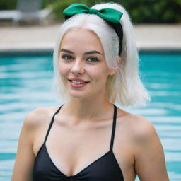 Photo of events of a girl 25 years, average build, with white hair in black swimsuit swimming without bow. Proportional long square facial features, dimples in the cheeks, bow lips, large black eyebrows, smooth green medium eyes, swarthy skin.