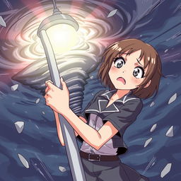 An anime-style illustration of a girl with a very scared expression, holding onto a light post while being sucked into a tornado