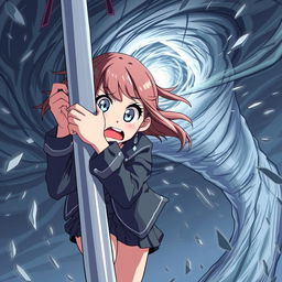 An anime-style illustration of a girl with a very scared expression, holding onto a light post while being sucked into a tornado