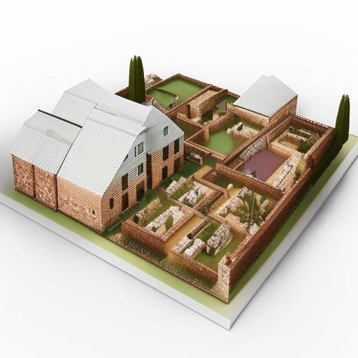 A 3D composition of a colonial and modern mixed habitat plan. Showcase how the blend of these two styles unfolds in a spatial layout