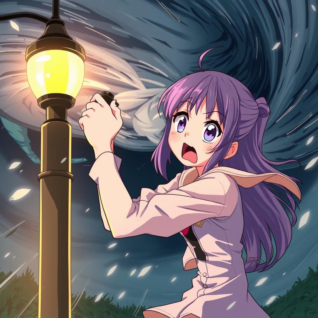 An anime-style illustration of a girl with a very scared expression, holding onto a light post while being sucked into a tornado