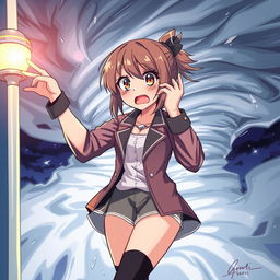 An anime-style illustration of a girl with a very scared expression, holding onto a light post while being sucked into a tornado