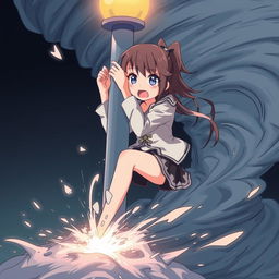 An anime-style illustration of a girl with a very scared expression, holding onto a light post with her hands while her feet are being sucked into a tornado