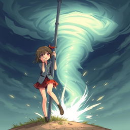 An anime-style illustration of a girl with a very scared expression, holding onto a light post with her hands while her feet are being sucked into a tornado