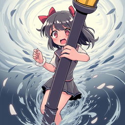 An anime-style illustration of a girl with a very scared expression, holding onto a light post with her hands while her feet are being sucked into a tornado