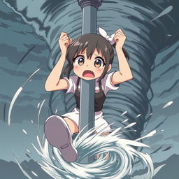 An anime-style illustration of a girl with a very scared expression, holding onto a light post with her hands while her feet are being sucked into a tornado