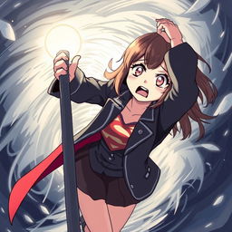 An anime-style illustration of a girl with a very scared expression, holding onto a light post in a Superman pose while being sucked into a tornado