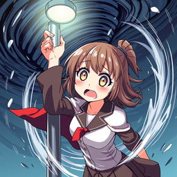 An anime-style illustration of a girl with a very scared expression, holding onto a light post in a Superman pose while being sucked into a tornado