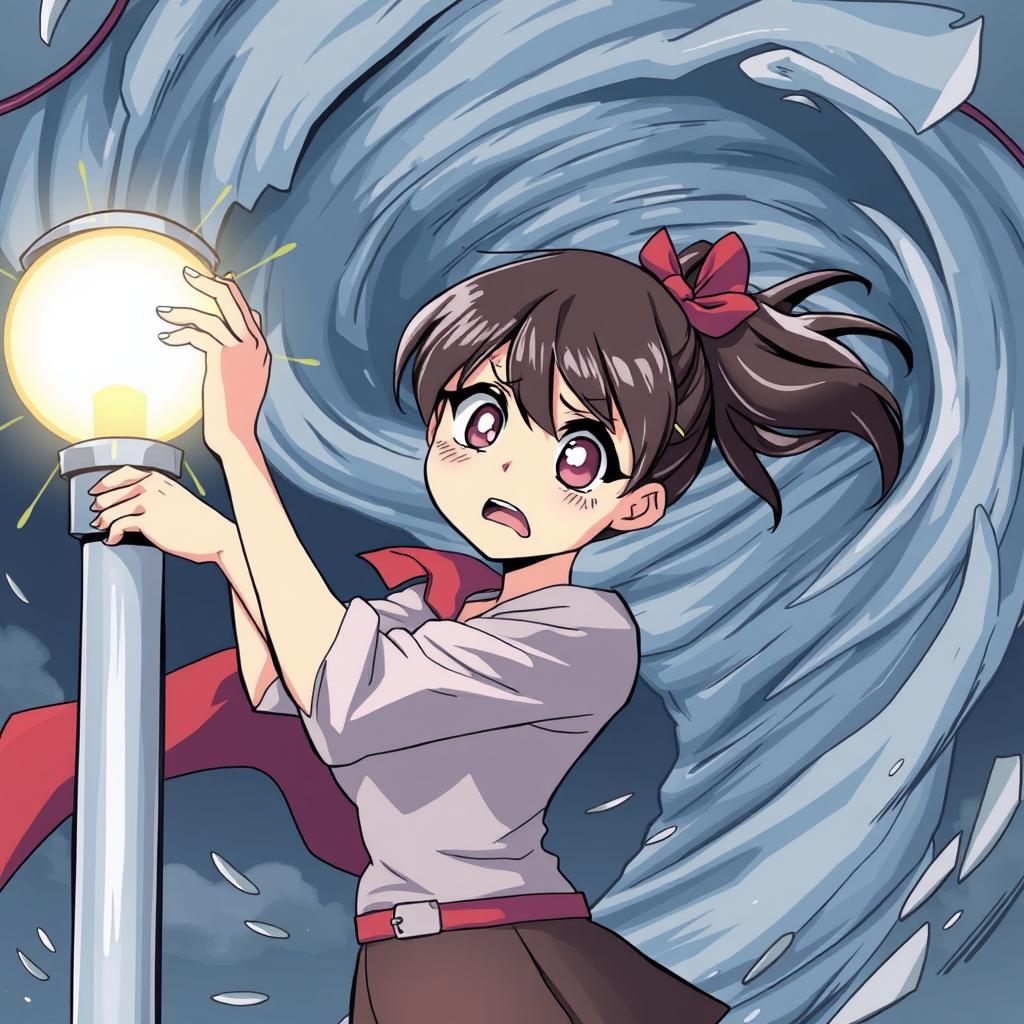 An anime-style illustration of a girl with a very scared expression, holding onto a light post in a Superman pose while being sucked into a tornado