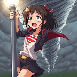 An anime-style illustration of a girl with a very scared expression, holding onto a light post in a Superman pose while being sucked into a tornado