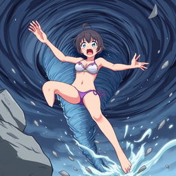 An anime-style illustration of a girl in a bikini with a very scared expression, being sucked into a tornado