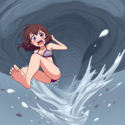 An anime-style illustration of a girl in a bikini with a very scared expression, being sucked into a tornado