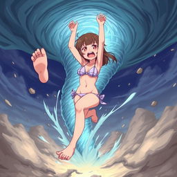 An anime-style illustration of a girl in a bikini with a very scared expression, being sucked into a tornado