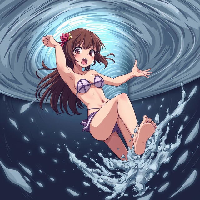 An anime-style illustration of a girl in a bikini with a very scared expression, being sucked into a tornado