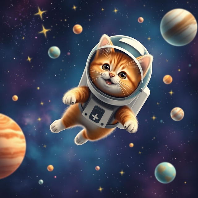 A whimsical scene of a cat flying through outer space, surrounded by stars and planets