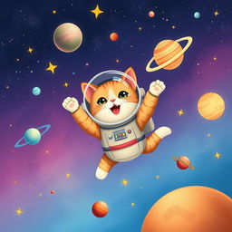 A whimsical scene of a cat flying through outer space, surrounded by stars and planets