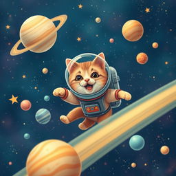 A whimsical scene of a cat flying through outer space, surrounded by stars and planets