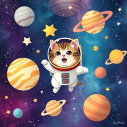 A whimsical scene of a cat flying through outer space, surrounded by stars and planets