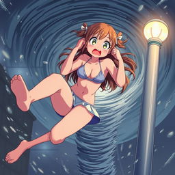 An anime-style illustration of a girl in a bikini with a very scared expression, holding onto a light post with her hands while being sucked into a tornado